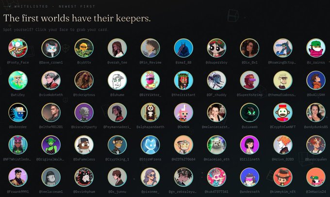 A screenshot showing a grid of avatar profile circles under the heading "The first worlds have their keepers." with the prompt "Spot yourself? Click your face to grab your card." and "WHITELISTED - NEWEST FIRST" visible at the top.