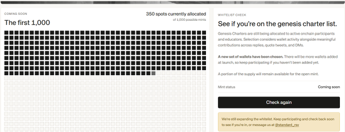 A website interface titled 'Coming Soon: The first 1,000' showing 350 spots currently allocated with a grid of 1,000 squares, alongside a checklist message about being on the 'genesis charter list.'