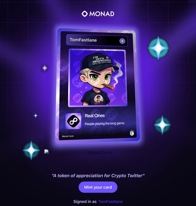 A Monad Card minted to TomFastlane titled "Real Ones" with the tagline "People playing the long game," featuring a chibi-style avatar of a figure in a black cap smoking a cigar with the text "I'M INTO PROGRAMMING AND THE DEEP STATE." The page tag reads "A token of appreciation for Crypto Twitter" alongside a "Mint your card" button.