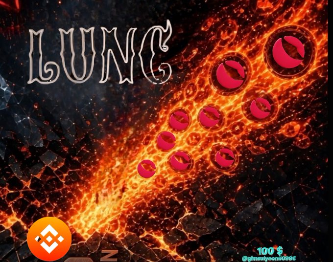 A promotional graphic for the cryptocurrency "LUNC" (Terra Luna Classic) features a fiery, cracked earth background with red circular logos arranged diagonally and a Binance logo in the bottom left corner.