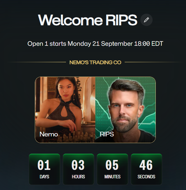 A promotional countdown graphic welcomes "RIPS" to "Nemo's Trading Co," with "Open 1" scheduled to start Monday, 21 September at 18:00 EDT. The image features side-by-side portraits labeled "Nemo" and "RIPS," accompanied by a digital countdown timer showing 01 day, 03 hours, 05 minutes, and 46 seconds remaining—matching the post's teaser that the event is almost here.