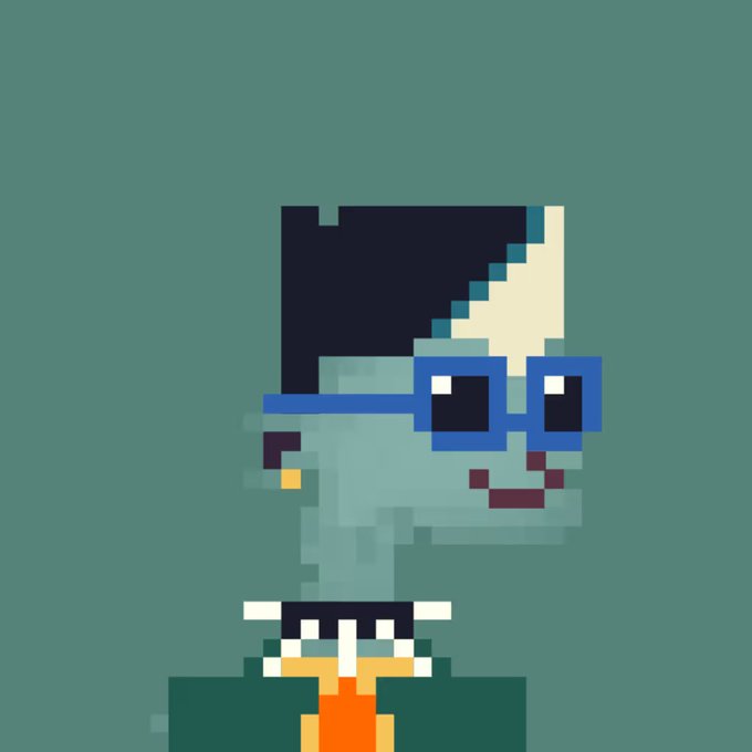 The image is a pixel art portrait of a turquoise-skinned character wearing a half-black/half-cream hairstyle, blue-framed glasses, a white collared shirt, orange tie, and dark green blazer against a muted teal background. The post about minting an NFT from @stonkbankers ($stonkbankers) suggests this stylized avatar represents their newly minted NFT character from the Stonkbankers collection.