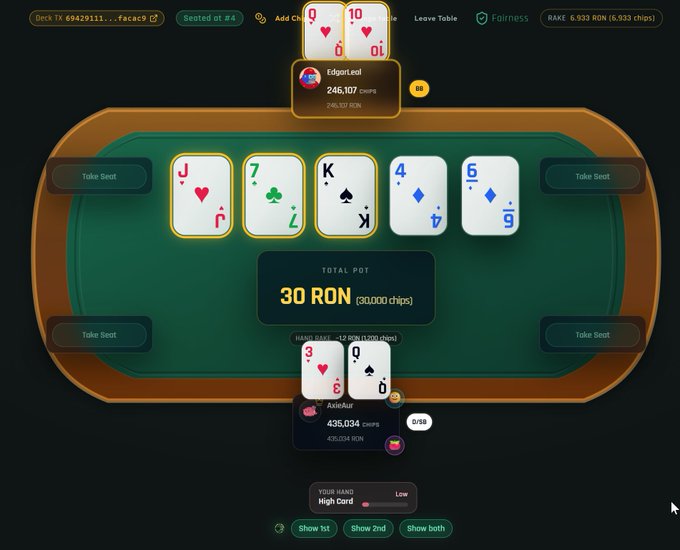 Screenshot of an online poker game on 'farcaster9' showing community cards (J♥, 7♣, K♠, 4♦, 6♦) with players 'Edgortaal' (246,107 chips) and 'AxisAur' (495,034 chips) competing for a 30 RON total pot.