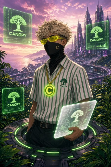 A digital illustration of a young man with curly hair, yellow sunglasses, and a face mask, wearing a green and white striped shirt with a 'CANOPY' logo, surrounded by floating holographic interfaces in a futuristic cityscape.