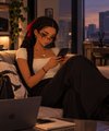 A woman sits in a living room at dusk, smiling at her phone with a laptop open on the table in front of her; a city skyline is visible through the window.