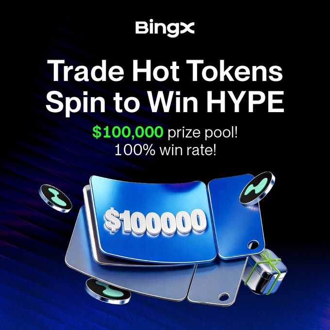 The image features a blue and black advertisement for a hot token luck spin wheel game offered by BingX. The advertisement includes an image of a large coin, which represents a 100% chance to win a prize pool of $1,000,000. It highlights that participants can expect to win this grand prize if they manage to complete the spinning wheel tasks successfully within its time limit of one minute and twenty seconds. The text in the image emphasizes the exciting nature of the game and encourages users to participate by purchasing tokens for play.