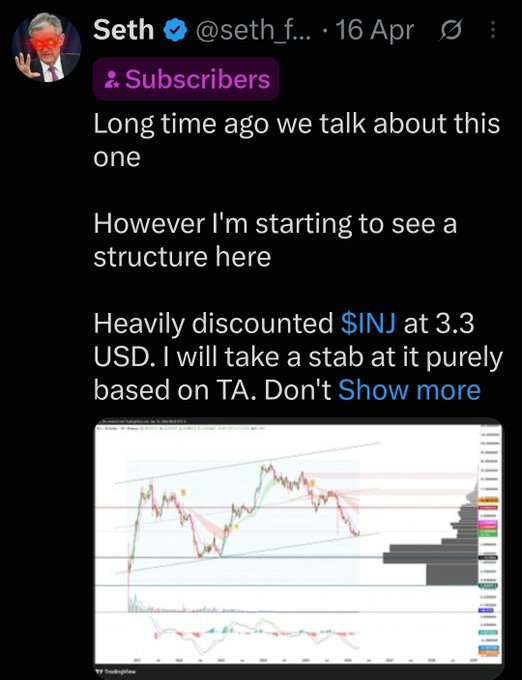 The image shows a tweet from "Seth" (@seth_f…) dated April 16, highlighting $INJ trading at a heavily discounted $3.30 USD, accompanied by a TradingView chart displaying technical analysis patterns. The post caption celebrates $INJ's price surge from the $3.30 entry point mentioned in the tweet to a breakout above $9, expressing gratitude for the trade's success.