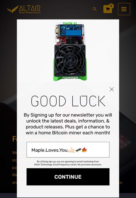 A popup on the Altair Technology website displays a Bitcoin miner labeled "THOR XI" by Hammer, offering a newsletter signup that enters users into a monthly giveaway to win a home Bitcoin miner.