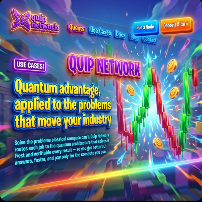 A colorful promotional graphic for 'Quip Network' advertises 'Quantum advantage, applied to the problems that move your industry' with navigation links including 'Run a Node' and 'Deposit & Earn' over a vibrant background of candlestick charts.