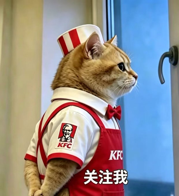 The image features a cat wearing a red and white striped hat and an apron that says "KFC" on it. The cat appears to be dressed up as a chef or restaurant worker, possibly for a promotional event or contest related to the KFC brand.