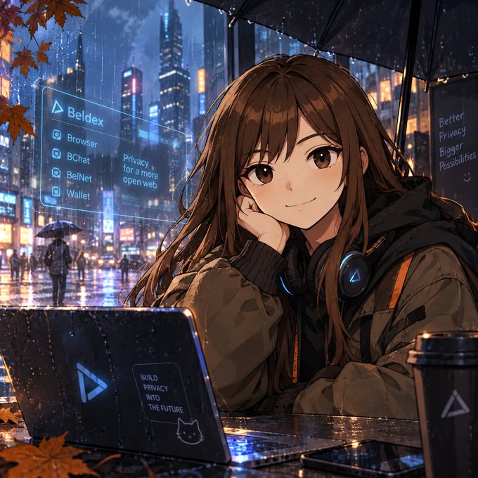 An anime-style illustration of a brown-haired girl with a laptop and umbrella in a rainy cyberpunk city, promoting Beldex with text 'Privacy for a more open web' and 'BUILD PRIVACY INTO THE FUTURE'.