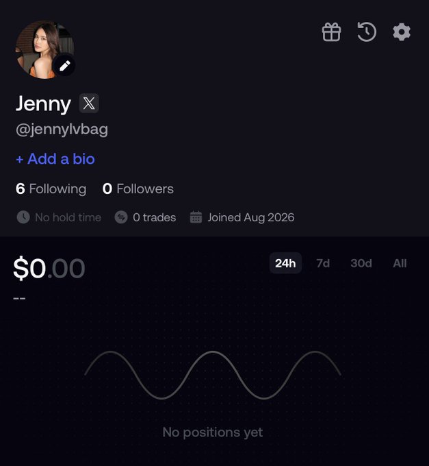 A profile page for a user named 'Jenny' (@jennylvbag) showing 0 followers, 0 trades, and a message stating 'No positions yet'.