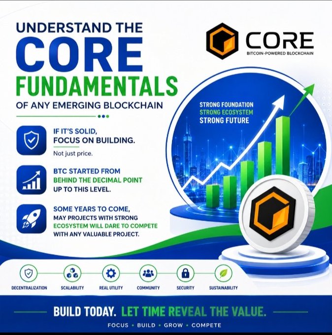 The image is a promotional graphic titled "UNDERSTAND THE CORE FUNDAMENTALS OF ANY EMERGING BLOCKCHAIN," featuring the Core Bitcoin-Powered Blockchain logo. It highlights key principles like decentralization, scalability, real utility, community, security, and sustainability, with the tagline "BUILD TODAY. LET TIME REVEAL THE VALUE," reinforcing the post's message about focusing on solid foundations and long-term growth over short-term price action.