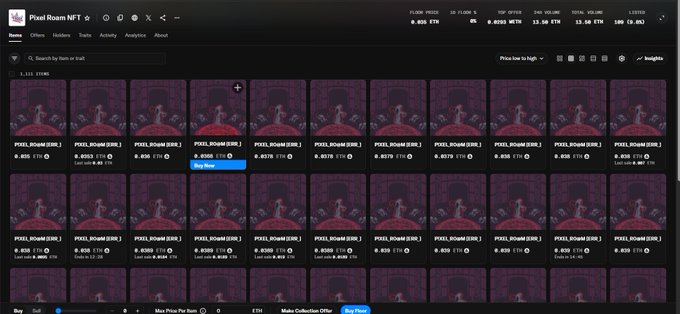 The screenshot displays a Magic Eden NFT marketplace listing page for "Pixel Roam NFT" with prices ranging from 0.03 ETH to 0.0297 ETH per item, showing 21 listings sorted by price high to low. This relates to the accompanying post about NFT trading strategy, as the consistent pricing across multiple "Pixel Roam [DIR]" listings reflects the speculative nature of degen plays discussed.
