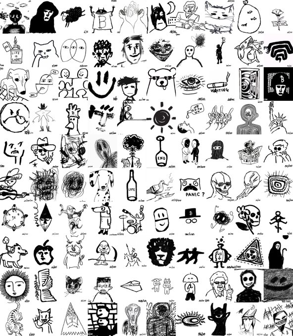 A grid of 100 small black-and-white minimalist sketches features crude drawings of faces, animals, and abstract figures, including text like "LIFE IS HARD," "PANIC?," and "B." The image visually showcases the "Lines" collection—a set of 100 hand-drawn digital artifacts—with each unique minimalist doodle representing one piece in the series.