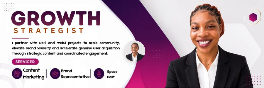 The image features a banner with a woman smiling at the bottom, wearing a black suit and white blouse. The text "Growth Strategist" is displayed above her head, and below her are several other pieces of information about the services offered by the company.