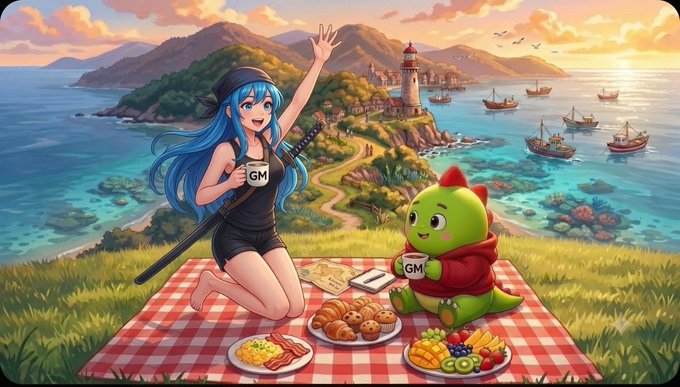 An anime-style illustration of a blue-haired girl waving and a green dinosaur-like creature sharing a picnic with a 'GM' mug on a checkered blanket by the sea.