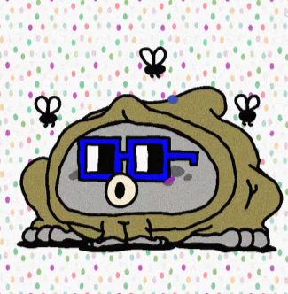A cartoon drawing features a gray creature wearing blue rectangular glasses, wrapped in a brown hooded cloak, with three black bees flying around it on a polka-dot background.