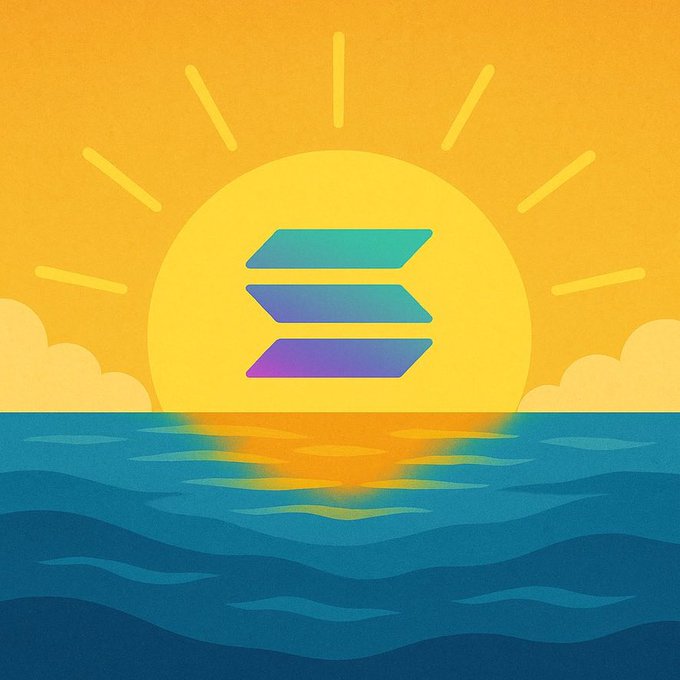 A vibrant illustration of the Solana logo—three stacked horizontal bars in blue and purple gradient—rising like a sun over blue ocean waves against an orange sky with clouds.