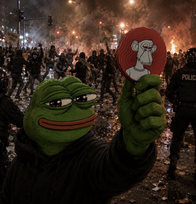 A Pepe the Frog character wearing a black jacket holds up a circular token featuring a monkey face against the backdrop of a chaotic, burning city street with riot police.