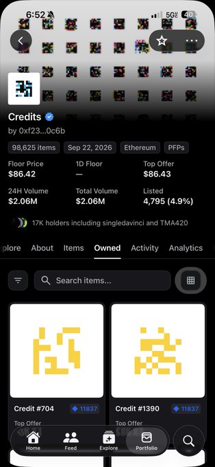 A mobile app screenshot showing a 'Credits' NFT collection by 0xf23...0c6b with 98,625 items, floor price $86.42, and an owned tab displaying pixelated credit card icons.