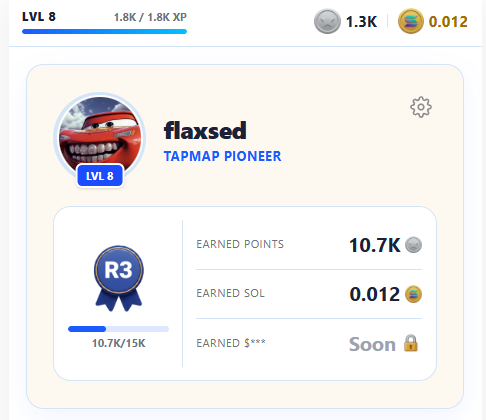 A user profile page for 'flaxsed' (Level 8, R3, TAPMAP PIONEER) showing 10.7K earned points, 0.012 earned SOL, and a 'Soon' locked status for earned $***.