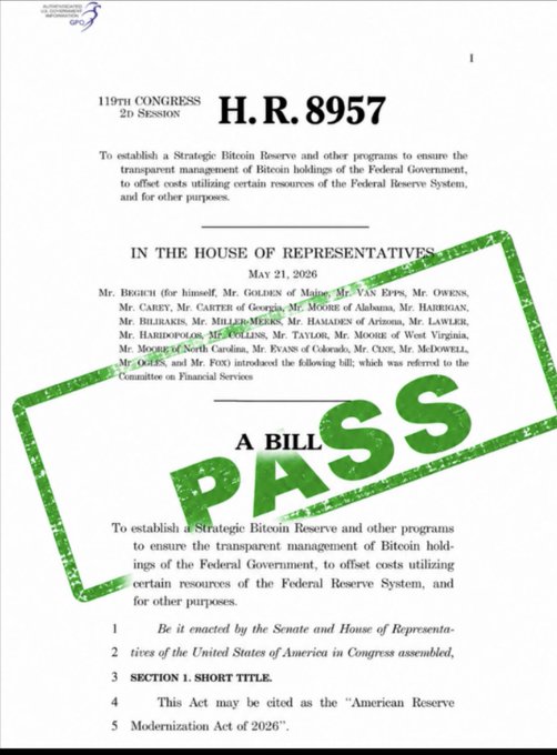 A document showing U.S. legislation 'H.R. 8957' from the 119th Congress, 2D Session, dated May 21, 2026, titled the 'American Reserve Modernization Act of 2026,' overlaid with a large green 'PASS' stamp.