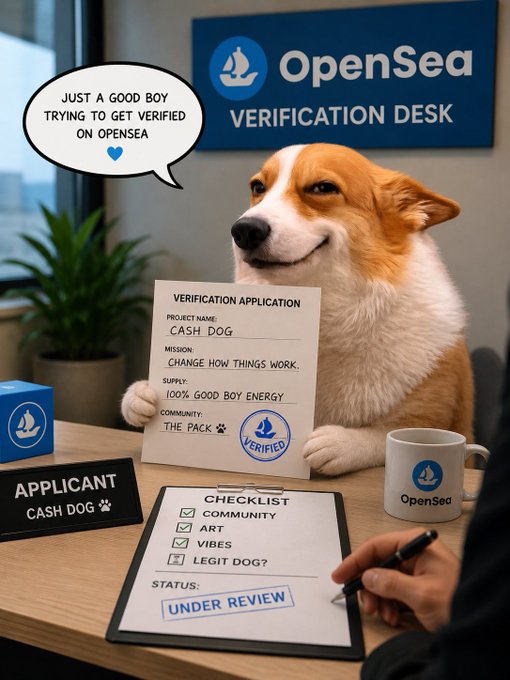 The image shows a corgi named "Cash Dog" at an "OpenSea Verification Desk," holding a verification application with a checklist (community, art, vibes, legit dog?) and a stamp reading "UNDER REVIEW." The caption "Just a good boy trying to get verified on OpenSea" pairs with the post about needing 11 more ETH in volume, humorously highlighting how absurdly demanding the NFT platform's verification process can be.