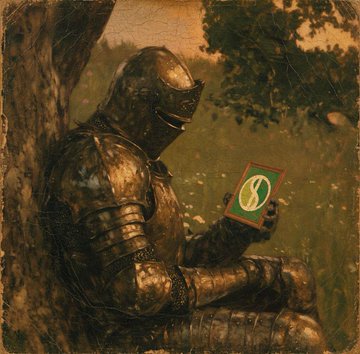 A vintage-style, sepia-toned image of a knight in full armor sitting against a tree, looking at a smartphone displaying a green 'S' logo (Shopify).