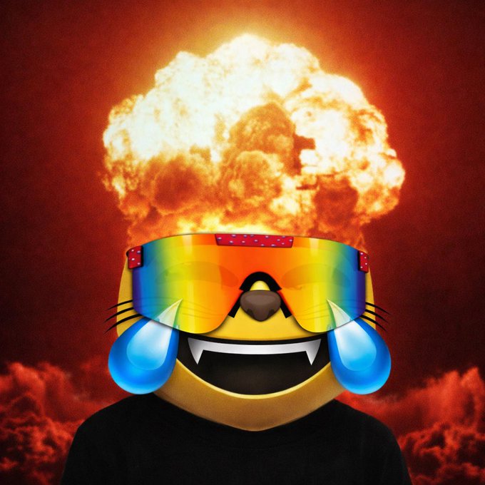 A yellow emoji character wearing rainbow-tinted sunglasses sheds two large blue tears while standing in front of a massive fiery explosion.