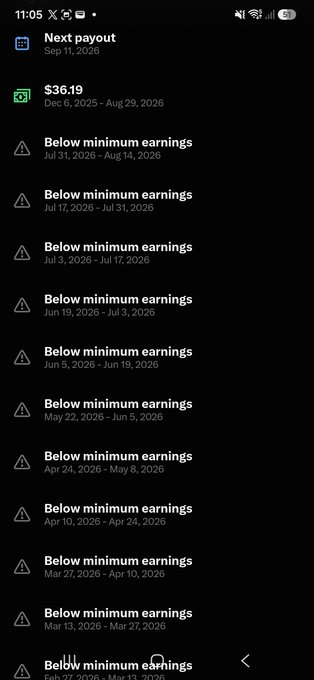 A mobile screenshot displaying a payout history with a Next payout scheduled for Sep 11, 2026, followed by multiple 'Below minimum earnings' entries for $36.19.