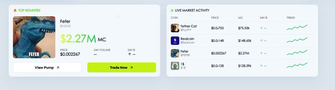 Crypto market dashboard displaying 'Top Bouncers' featuring Fefer at $2.27M market cap ($0.002267) and live market activity with tokens like Fefer, Redcoin, and others.