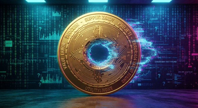 A digital illustration of a golden Bitcoin-style coin with text like 'SHOCOIN' and 'SUPPLY ZERO' against a backdrop of financial data, code, and glowing blue and purple lights.