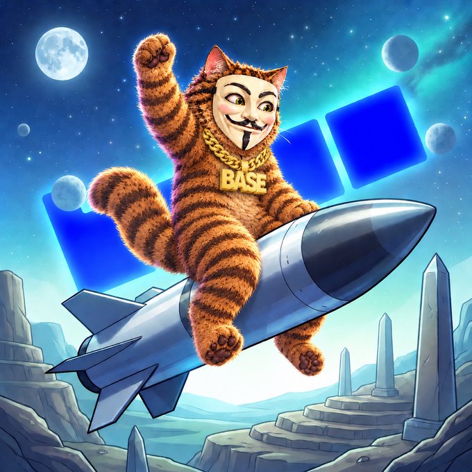 A digital illustration of an orange tabby cat wearing a Guy Fawkes mask and a 'BASE' gold chain, riding a silver rocket through a cosmic landscape with moons.