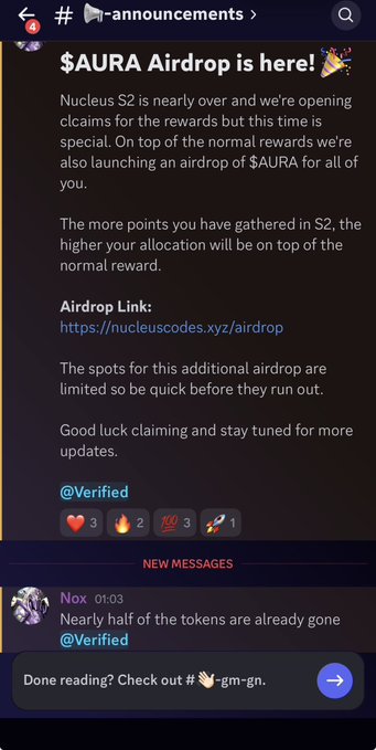 A Discord announcement in the #-announcements channel about a "$AURA Airdrop" for Nucleus S2 participants, providing an airdrop link at nucleuscodes.xyz/airdrop and noting limited spots available.