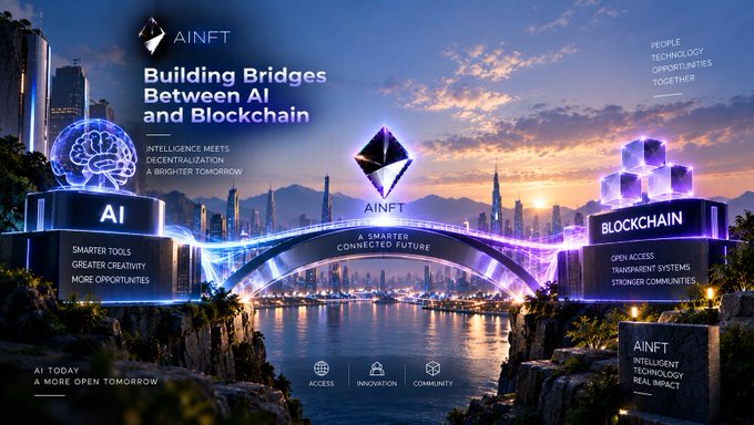 Promotional banner for AINFT featuring a bridge connecting AI and Blockchain, with text including 'Building Bridges Between AI and Blockchain,' 'INTELLIGENCE MEETS DECENTRALIZATION A BRIGHTER TOMORROW,' and 'AINFT.'