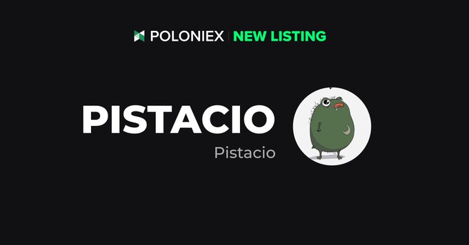 Announcement graphic from Poloniex for a 'NEW LISTING' of 'PISTACIO' (Pistacio) token, featuring a cartoon mascot of a green avocado/pistachio character on a dark background.