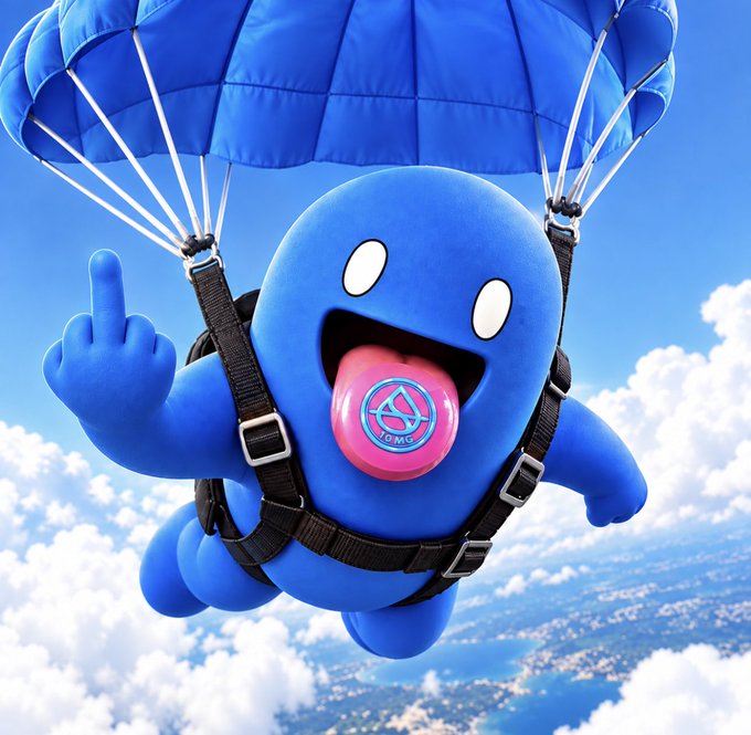 A 3D-rendered blue cartoon character with its tongue sticking out, wearing a parachute harness, descends through a cloudy sky while making an obscene gesture.