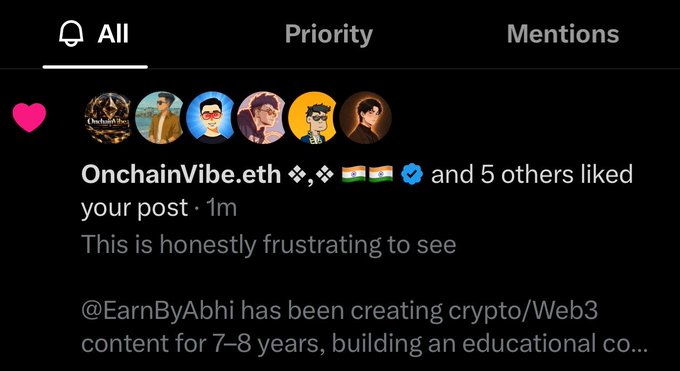 A dark-mode social media screenshot showing notifications, including a like from 'OnchainVibe.eth' on a frustrated post mentioning '@EarnByAbhi' and their 7-8 years of crypto/Web3 educational content.