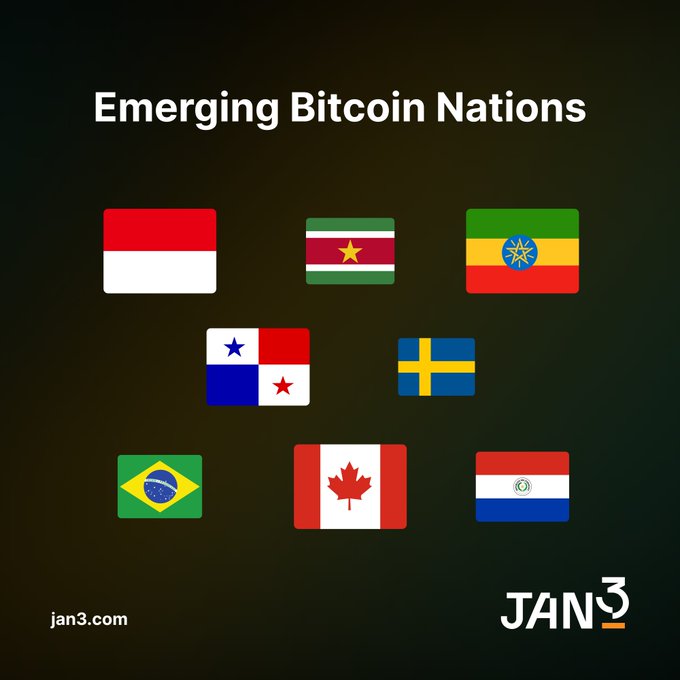A dark-themed graphic titled "Emerging Bitcoin Nations" displays the flags of eight countries arranged in rows: Indonesia, Suriname, Ethiopia, Panama, Sweden, Brazil, Canada, and Paraguay, with "jan3.com" at the bottom left and the "JAN3" logo at the bottom right. The image accompanies a post highlighting emerging countries adopting Bitcoin, teasing an upcoming B20 (top 20 Bitcoin nations) ranking covered in the JAN3 Nation-State Bitcoin Report.
