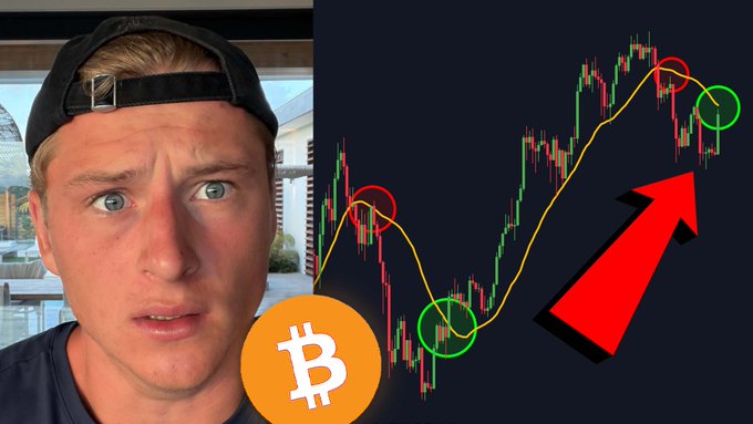 A man in a backward cap appears beside a Bitcoin trading chart, with BTC and colored price signals highlighted and a large red arrow pointing upward. The image promotes the post’s “THIS #BITCOIN SIGNAL HAS NEVER FAILED” message, linking the chart to a bullish Bitcoin price prediction.