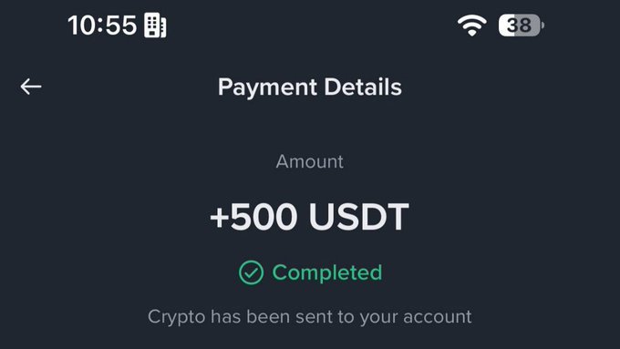 A mobile payment confirmation screen showing a completed transaction of +500 USDT with the message "Crypto has been sent to your account."