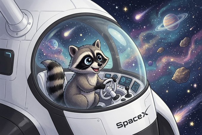 An illustrated raccoon named Jimothy pilots a SpaceX spacecraft through a colorful cosmos filled with planets, asteroids, and shooting stars, with "SpaceX" branding visible on the ship's exterior.