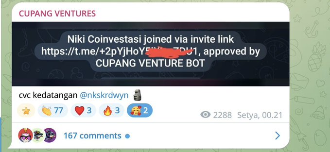 Screenshot of a Telegram message in "CUPANG VENTURES" chat where user Niki Coinvestasi joins via invite link, approved by the bot, followed by a welcome message tagging @nkskrdwyn with 77 claps, 3 hearts, 3 fires, 2 smileys, 2288 views, and 167 comments. The image illustrates the networking milestone mentioned in the post, showing successful community engagement through Airdrop Finder connections.