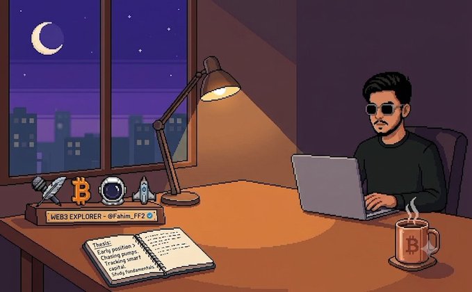 A cartoon illustration of a man with sunglasses working on a laptop at a desk by a window showing a night sky; his desk has Bitcoin and crypto-themed items, a Bitcoin mug, and a nameplate reading 'WEB3 EXPLORER - @Fahim.FF2'.