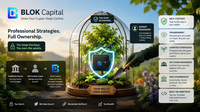 The image is a promotional graphic for BLOK Capital, featuring a glass dome protecting a flourishing garden with a digital wallet at its center, symbolizing secure, self-custodied crypto asset management. It highlights key features like "Professional Strategies. Full Ownership," "YOU STAY IN CONTROL," "SELF-CUSTODY," "TRANSPARENT," and "CURATED STRATEGIES," visually reinforcing the post's message about investing through expert guidance while never relinquishing control of your assets.