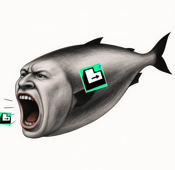 A surreal black-and-white illustration of a fish with a screaming human face, featuring a green and black square logo with an arrow on its side.