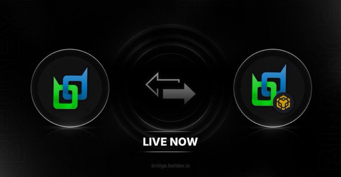 A dark promotional graphic showing two logos connected by arrows with the text 'LIVE NOW' and 'bridge.beldex.io' at the bottom, suggesting a live token bridge service.