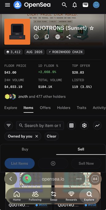 An OpenSea mobile app screenshot displays a 'QUOTRONS (Sunset)' NFT collection on Robinhood Chain, showing a floor price of $43.00, 24H volume of $4,033.19, and 478 holders.