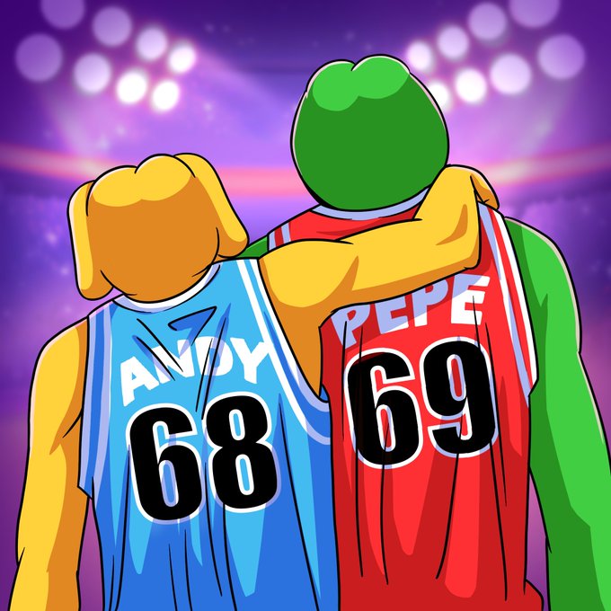 Two cartoon frogs—one yellow wearing a blue "ANDY 68" jersey and one green wearing a red "PEPE 69" jersey—stand arm-in-arm under stadium lights, embodying the post's "Boys Club" reunion of the $ANDY and $PEPE memecoins.